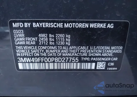 2023 BMW 3 Series M340I xDrive from USA, damaged, VIN 3MW49FF00P8D27755